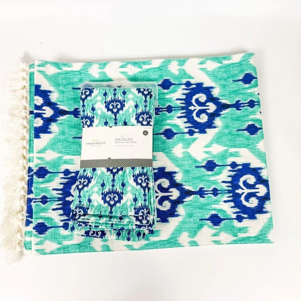 Threshold Teal Blue Teal Green Ikat Table Runner & Napkins Set